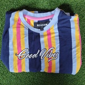 Reason Good Vibes Striped Graphic Tee Crew Neck Short Sleeve‎ T-Shirt M